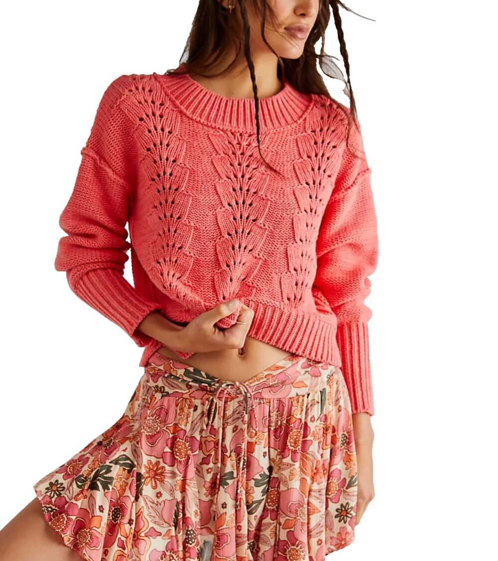 Free People Women's Large Sweater Bell Song Pullover CrewNeck Coral Pink